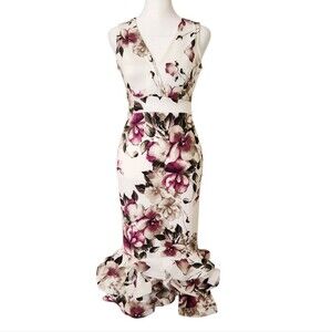 Kimcine Curve Flounce Hem Midi Dress Ivory Purple Floral Bodycon Women's Small